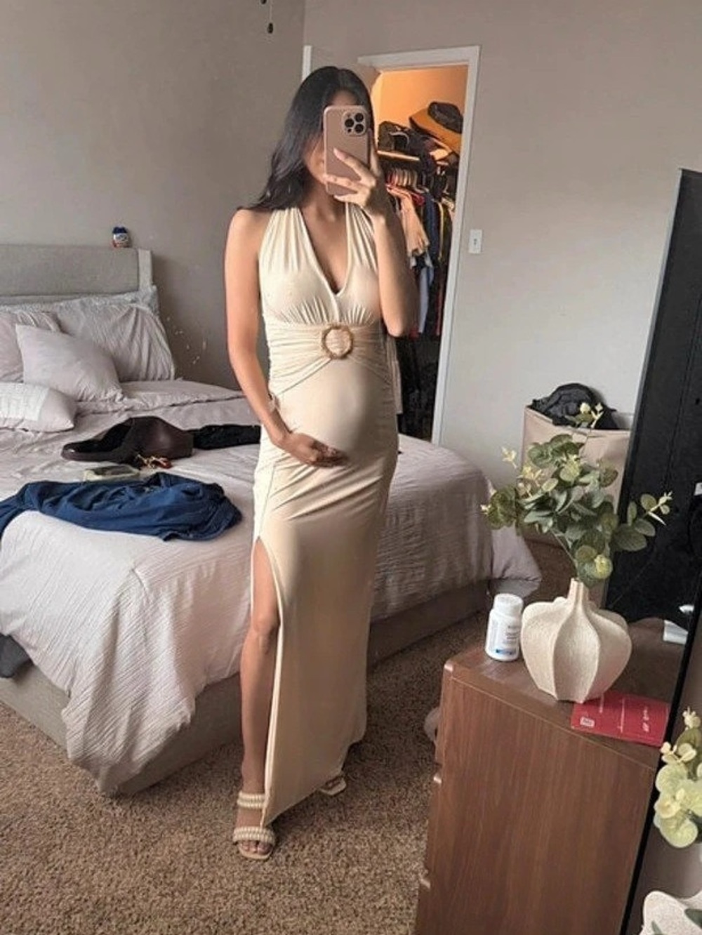Ruched Maxi Dress in Beige Like New